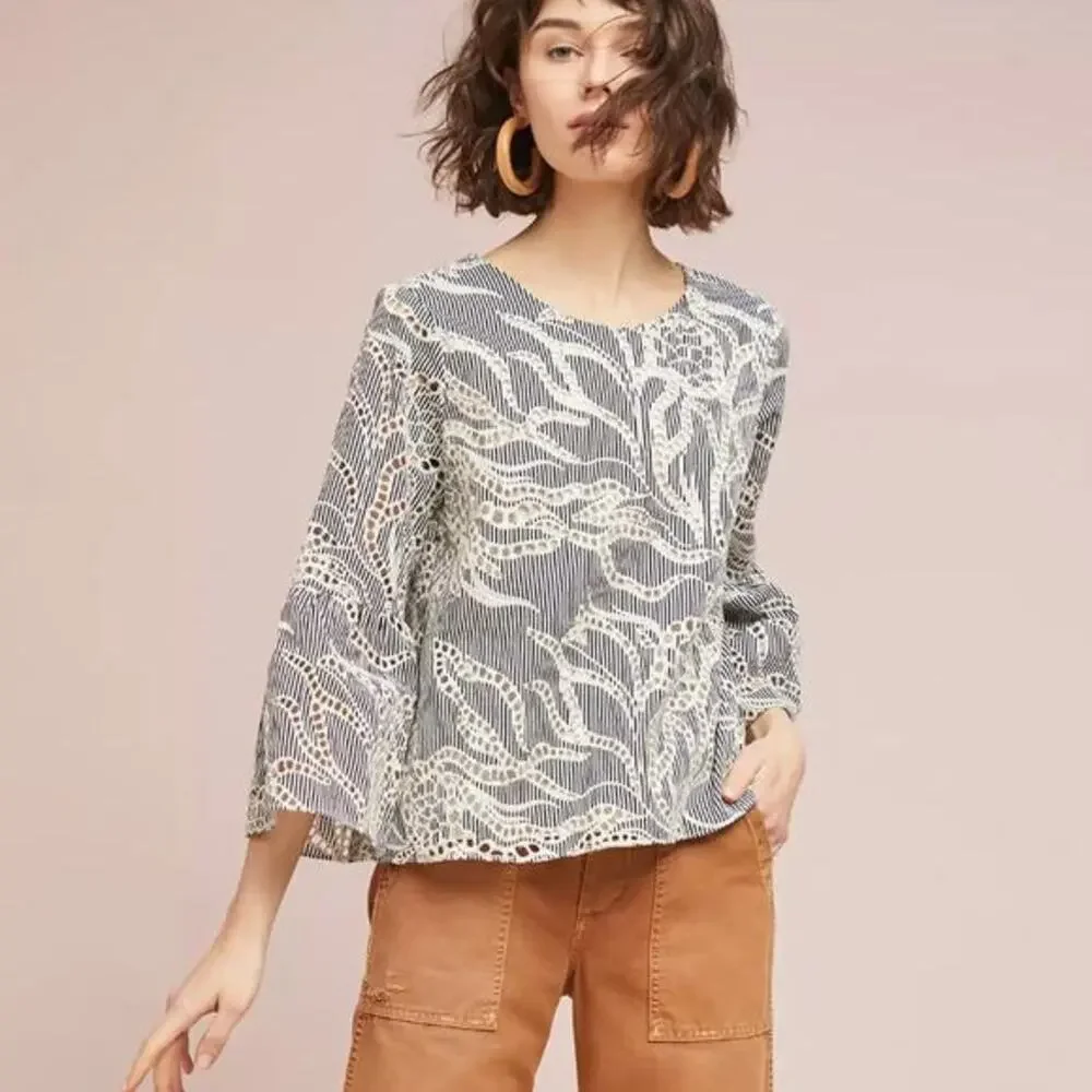 Anthropologie Matison Stone Eyelet Lace Top Size XS Blue Stripe Bell Sleeve‎